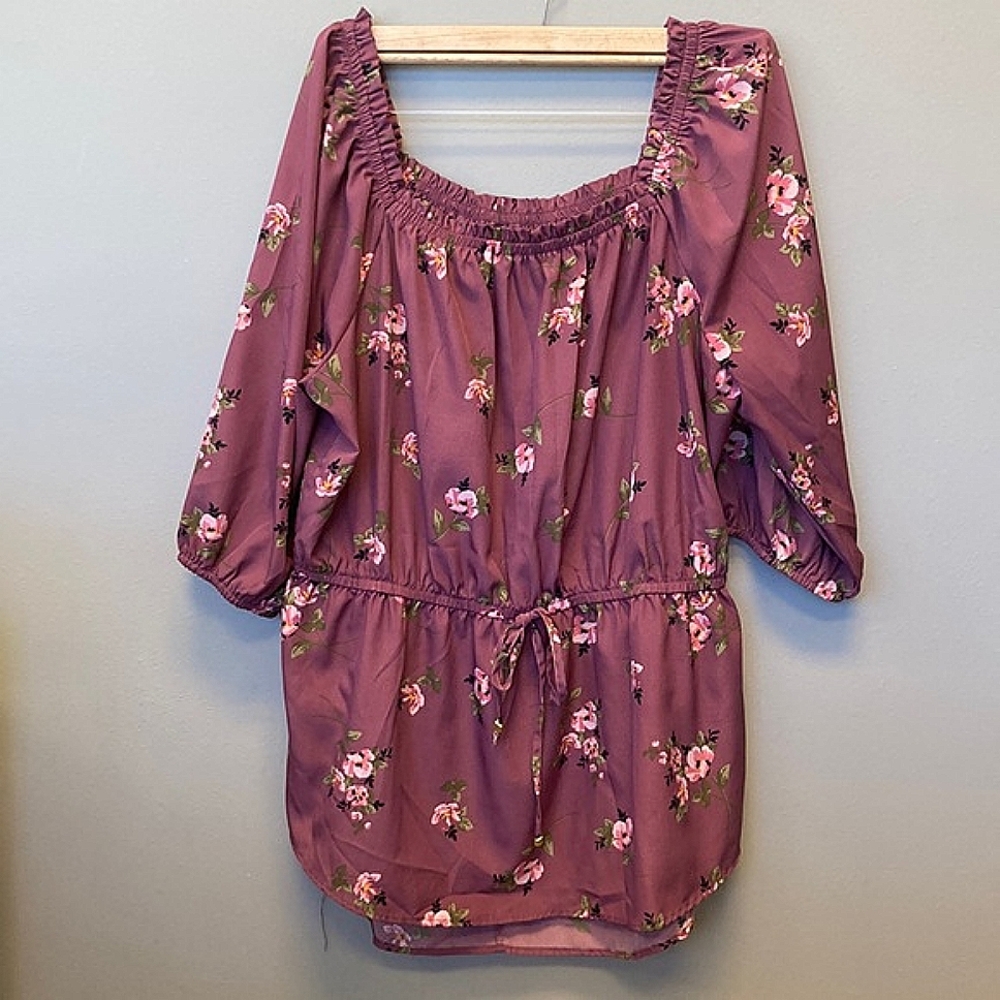 New Over the shoulder dressy maroon and floral tunic with elastic tie waist band